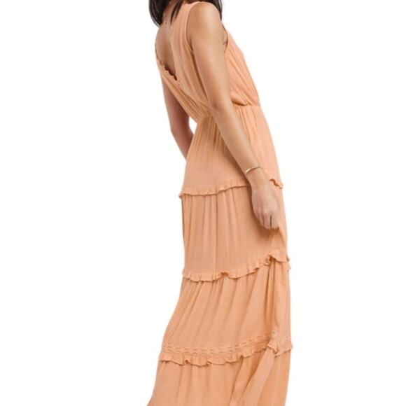 ASOS DESIGN Sleeveless Tiered Crinkle Maxi Dress with Lace Inserts - Peach Sz 2 - Picture 3 of 5
